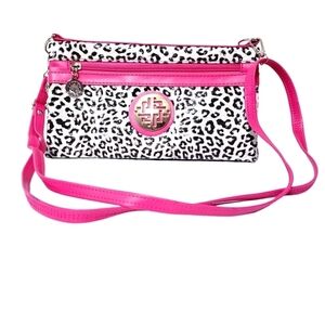 ​Y2K Pink Leopard Print Crossbody Bag - Triple Zip Multi-Pocket Camera Bag Women